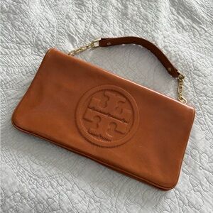 Tory Burch Tan Leather Logo Wristlet Clutch